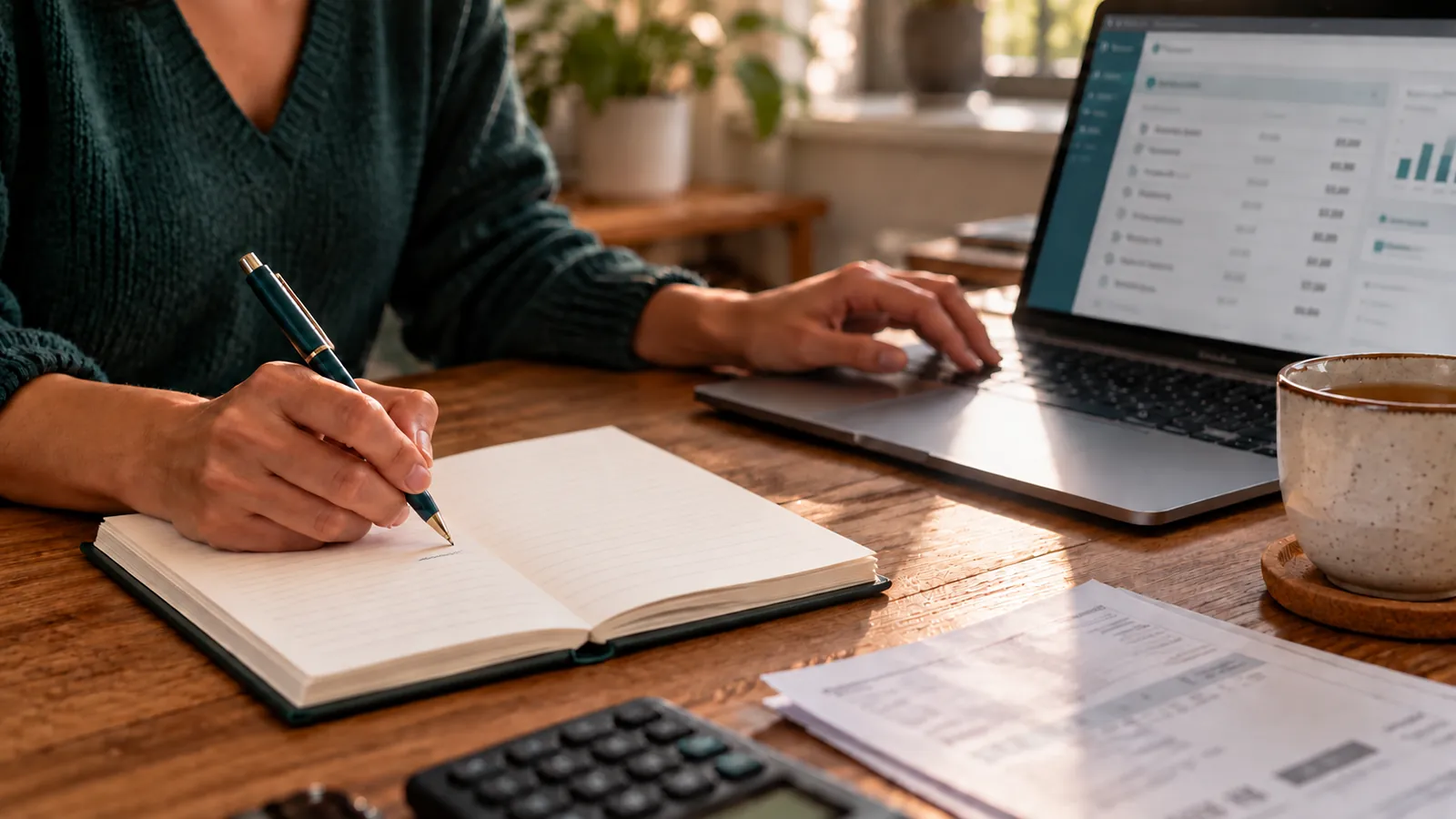 Persona revisando sus gastos y tomando notas en un cuaderno junto a un ordenador