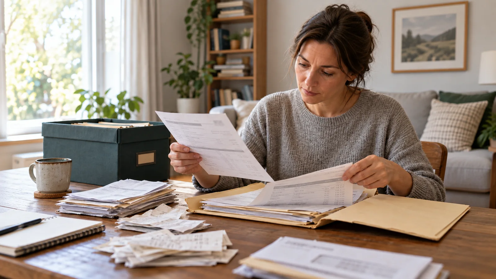 Persona revisando recibos y extractos antiguos de una tarjeta