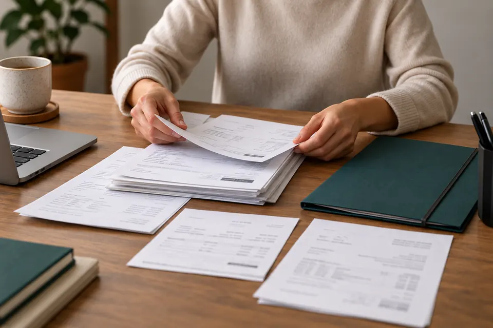 Mesa con documentación hipotecaria y consulta de gastos.