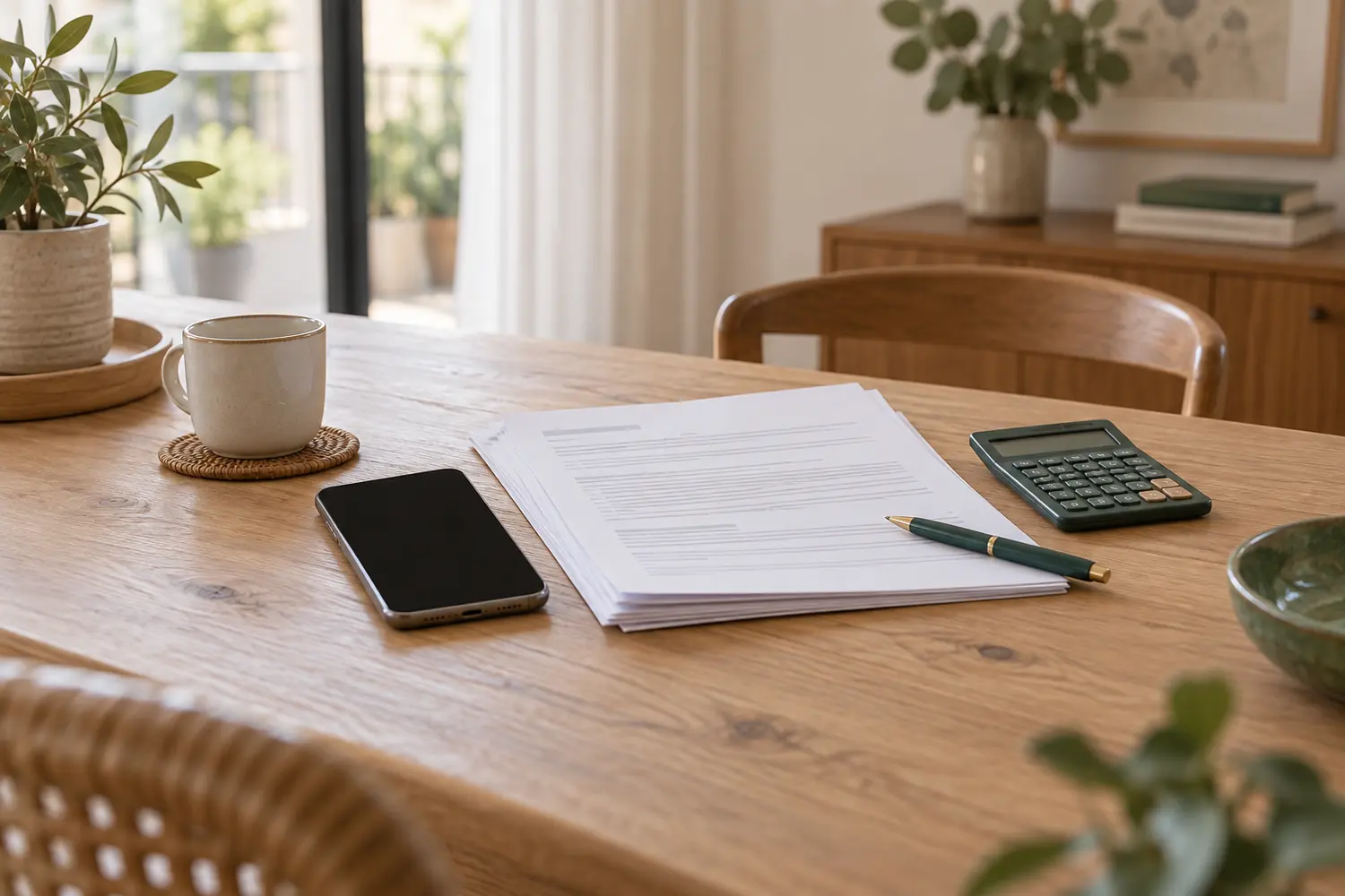 Teléfono, contratos de microcréditos y calculadora sobre una mesa luminosa.