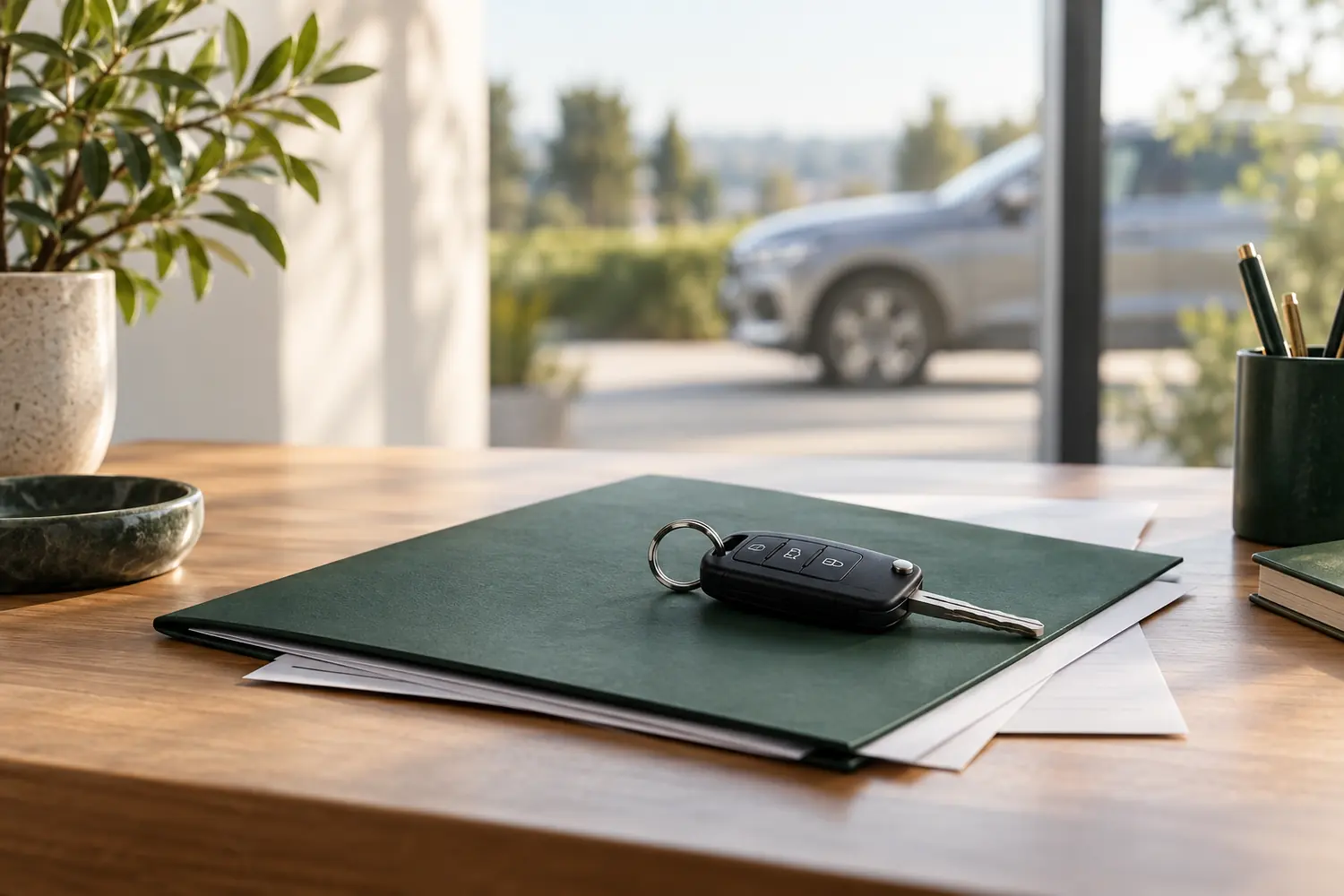 Llaves de coche sobre una carpeta de financiación, con un vehículo desenfocado al fondo.