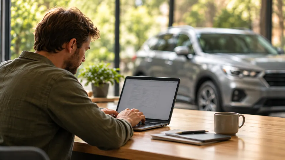 Persona repasando pagos en una mesa con llaves y documentos del coche.